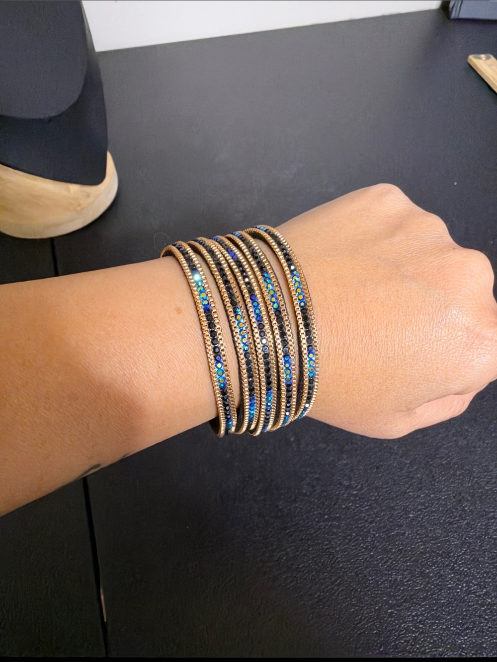Gold-Tone Wrap Bracelet with Blue Iridescent Sequins